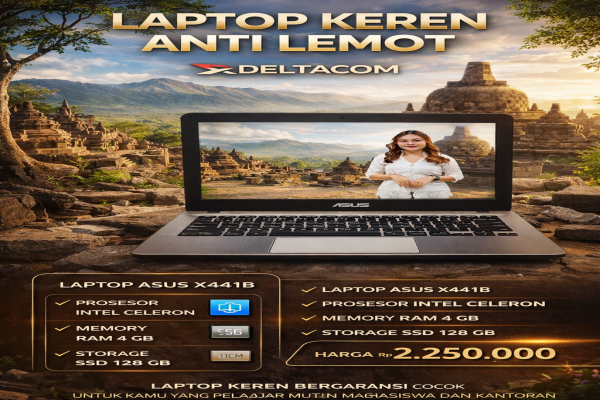 ASUS X441B , TYPE BARU BODY SLIM, PROSESOR INTEL CELERON MEMORY RAM 4 GB STORAGE SSD 128 GB DISPLAY 14 INCH MULUS , WARNAH HITAM-GOLD , LECET SDIKIT,